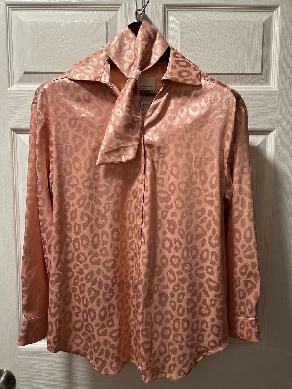 Pink Satin Leopard Print Tie-Neck Blouse